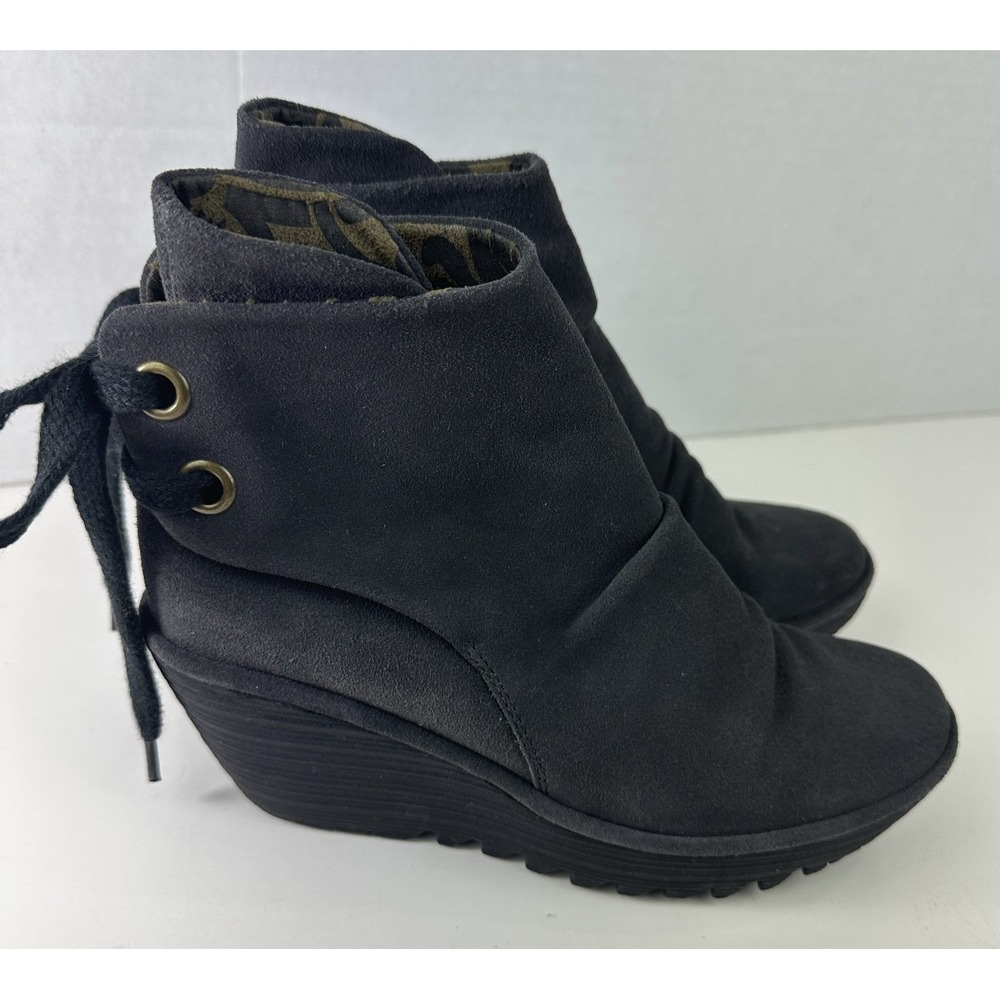 Fly London Yama Suede Wedge Ankle Boots Gray Booties Women's 7.5 - 8 EU 38 Shoes - Picture 2 of 10